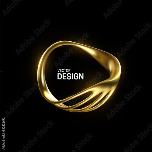 Abstract golden organic shape. Vector 3d illustration. Shiny elegant ring isolated on black background. Jewelry concept. Glossy frame design. Realistic metallic object. Decoration element