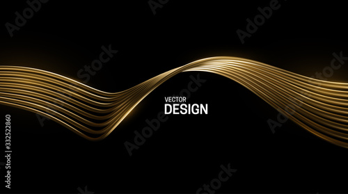 Abstract golden wave isolated on black background. Vector 3d illustration. Golden wires stream. Luxury flowing shape. Smooth liquid object. Minimal decoration element for design