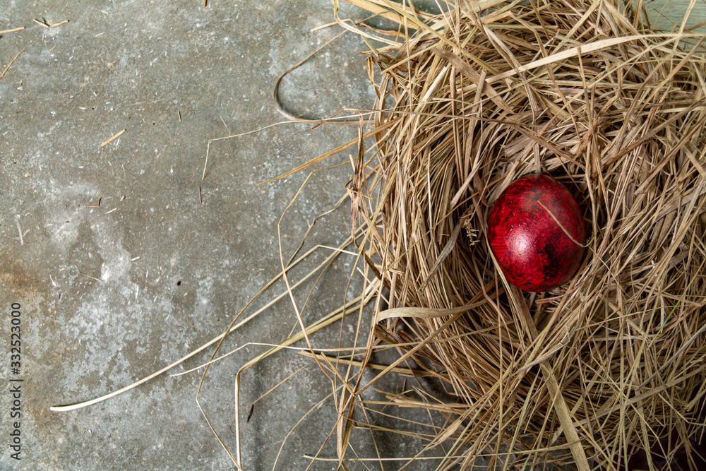 Easter holiday background. Red easter egg in nest. Easter mocku up Easter holiday background. Red easter egg in nest. Easter mocku up
