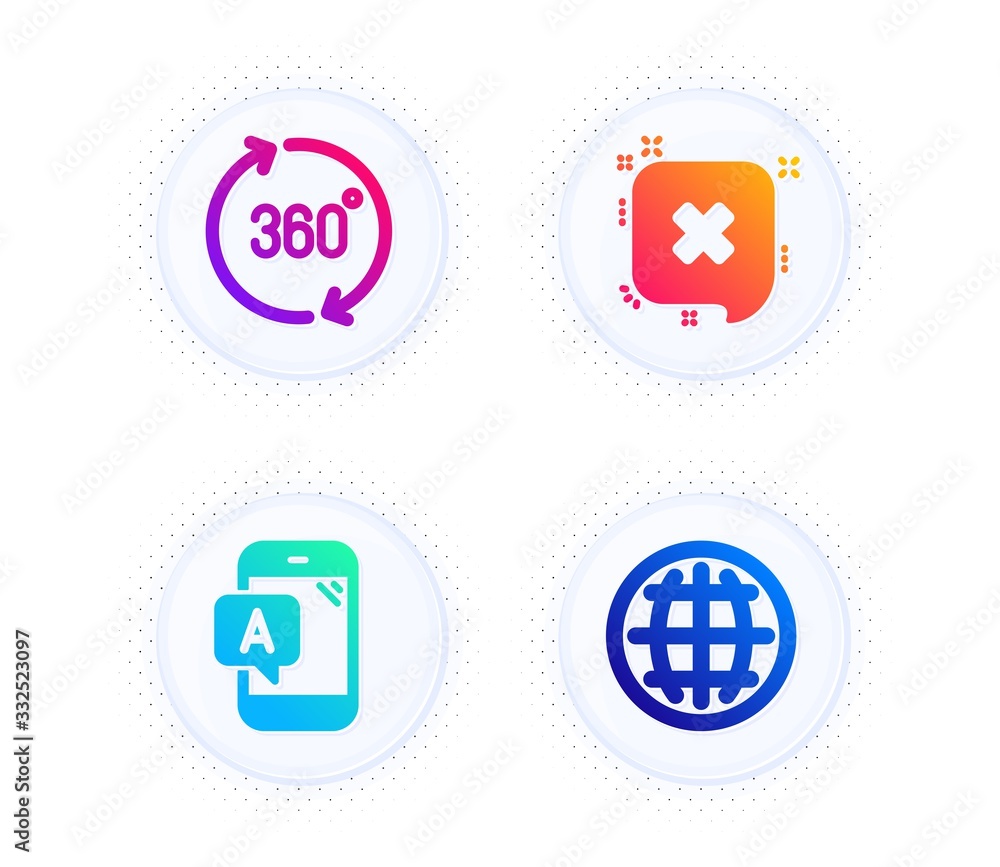 Ab testing, Reject and 360 degrees icons simple set. Button with halftone dots. Globe sign. Phone test, Delete message, Full rotation. Internet world. Technology set. Vector