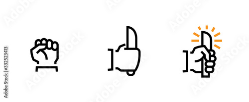 The palm is clenched into a fist, the hand is holding a knife, the palm of a man is threatened with cold steel. Set of Hand gesture icons. Editable line vector.