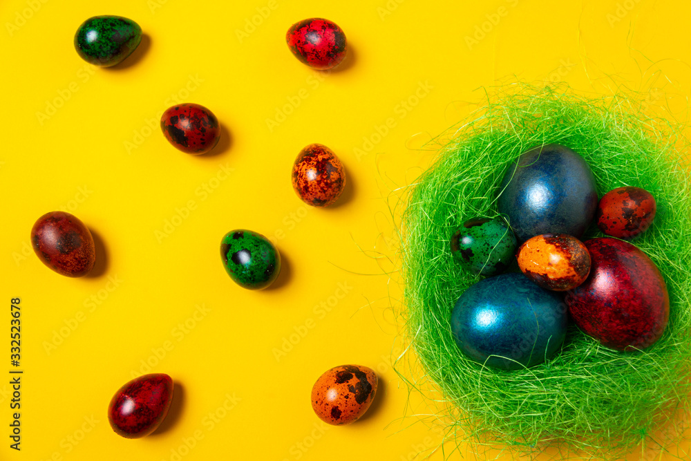 Easter card concept. Lot of easter eggs on a yellow background. Easter card concept. Lot of easter eggs on a yellow background.