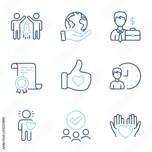 Businessman case, Working hours and Friend line icons set. Diploma certificate, save planet, group of people. Hold heart, Partnership and Like hand signs. Vector