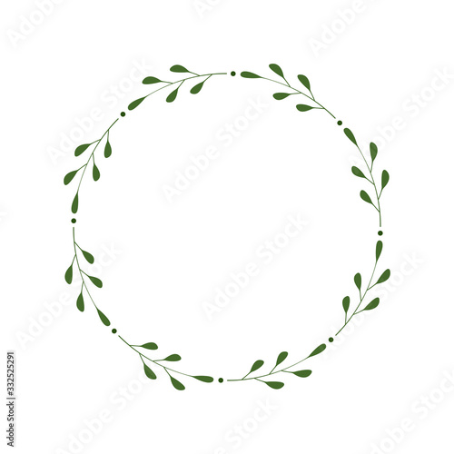 Round frame of green twigs with leaves and dots. Design template for logo, invitation, greetings. Laconic stylish wreath. Minimalist border. Deciduous wreath. Vector flat illustration