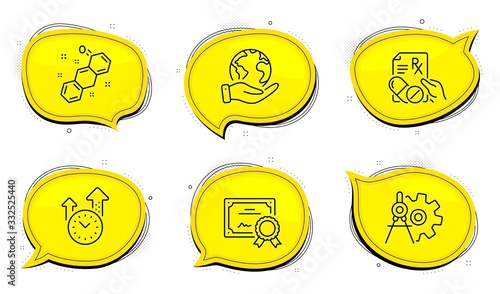Chemical formula sign. Diploma certificate, save planet chat bubbles. Prescription drugs, Time management and Cogwheel dividers line icons set. Pills, Office clock, Settings. Chemistry. Vector