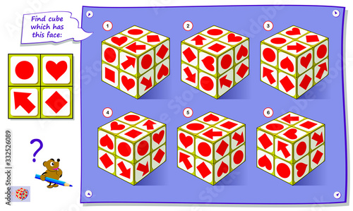 Logic puzzle game for children and adults. Find a cube which has an identical face. Printable page for kids brain teaser book. Developing spatial thinking skills. IQ training test. Flat vector image.