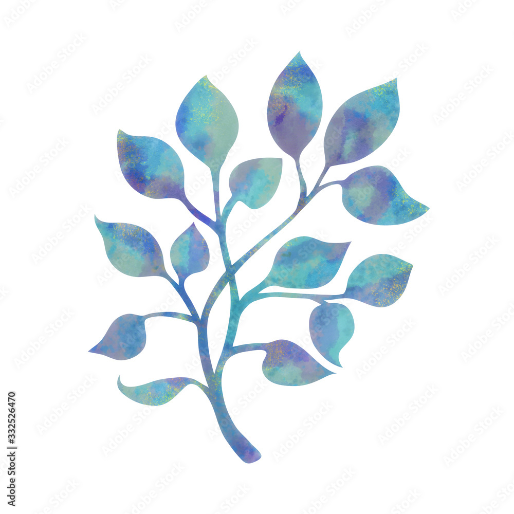 Painted leaves on tree branch or stem in nature floral design element, pretty pastel blue green watercolor painted plant illustration for spring or Easter decorations, ivy vines or foliage art