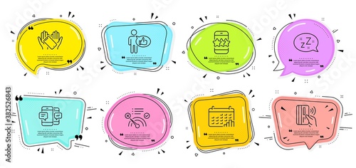 Contactless payment, Calendar graph and Smartphone holding signs. Speech bubbles with quotes. No internet, Sleep and Like line icons set. Star, Smartphone sms symbols. Vector