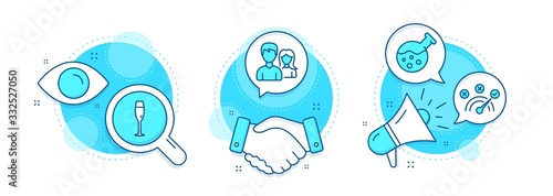 Correct answer, Champagne glass and Couple line icons set. Handshake deal, research and promotion complex icons. Chemistry lab sign. Speed symbol, Winery, Male and female. Laboratory. Vector