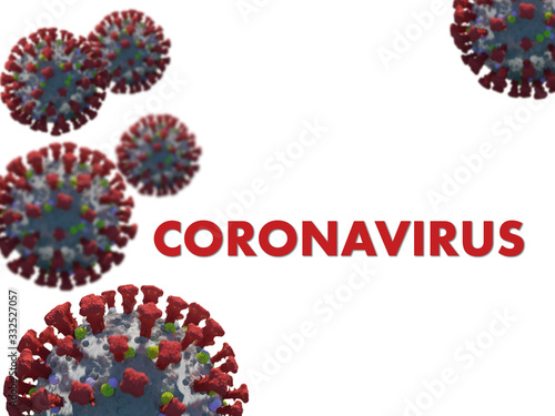 Isolated red coronavirus covid-19 bacterias on a white background with red coronavirus sign. Pandemic 3d illustration of virus attack. Dangerous corona virus outbreak