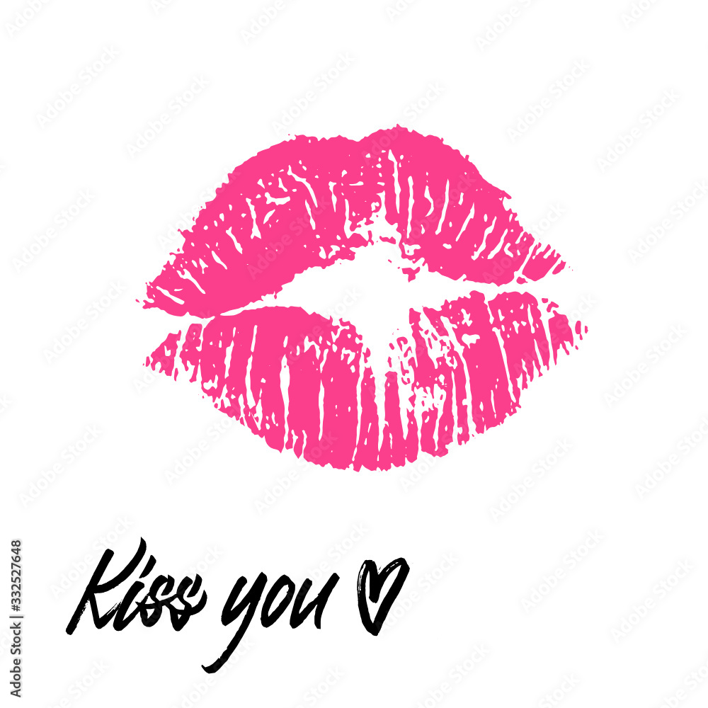 Set of pink lips mark with handwritten heart and 'kiss you' inscription Set of pink lips mark with handwritten heart and 'kiss you' inscription