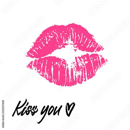 Set of pink lips mark with handwritten heart and  kiss you  inscription