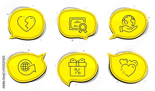 Discount offer sign. Diploma certificate, save planet chat bubbles. Heart, World globe and Broken heart line icons set. Love, Around the world, Love end. Gift box. Holidays set. Vector