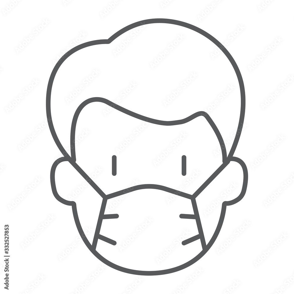 Man with medical mask thin line icon, virus and flu, covid 19 sign, vector graphics, a linear pattern on a white background, eps 10. - obrazy, fototapety, plakaty 