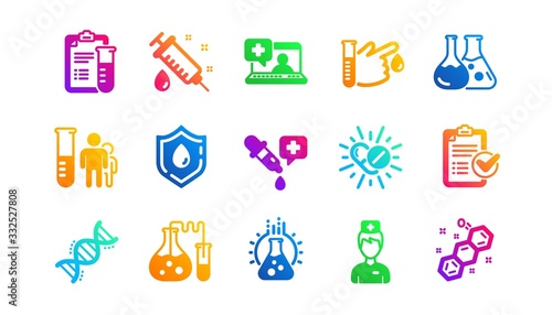 Drug testing, scientific discovery and disease prevention icons. Medical healthcare, doctor icons. Chemical formula, chemistry testing lab. Classic set. Gradient patterns. Quality signs set. Vector