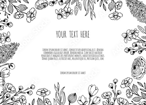 Hand Drawn Floristic Frame Border with Flowers, Branches, Plants. Decorative Outlined Vector Illustration. Floral Design Element.