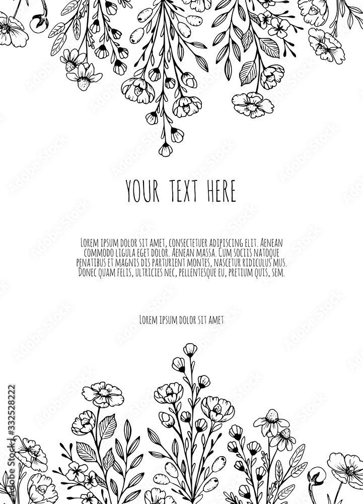 Hand Drawn Botanical Illustrations. Hand Drawn Floristic Template, Frame with Delicate Flowers, Branches, Plants. Hand Drawn Botanical Illustrations. Hand Drawn Floristic Template, Frame with Delicate Flowers, Branches, Plants.