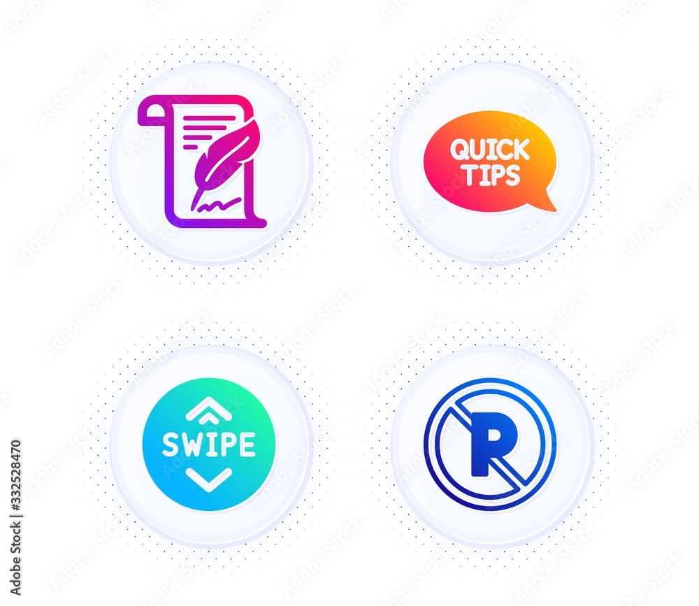 Feather, Swipe up and Quickstart guide icons simple set. Button with halftone dots. No parking sign. Copyright page, Scroll screen, Helpful tricks. Car park. Business set. Vector