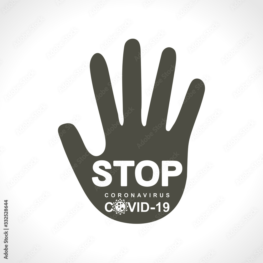 Prohibition sign with hand. STOP. Coronavirus. COVID-19. Warning inscription biological hazard risk logo symbol. Vector information banner. Prohibition sign with hand. STOP. Coronavirus. COVID-19. Warning inscription biological hazard risk logo symbol. Vector information banner.