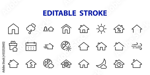 Simple set of line vector home icons. Contains house symbols at interest, infuse house and more. Editable stroke. 480x480 pixels perfect
