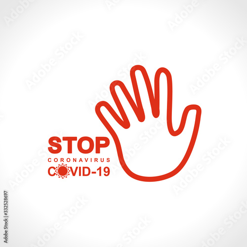 Prohibition sign with hand. STOP. Big red warning inscription biological hazard risk logo symbol. Vector information banner.