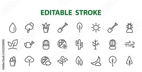   A set of Rosteniya Icons, and garden care, Vector illustration, Contains Icons such as tree, cactus, watering can, spade, flower and much more. on a white background, editable bar 480x480
