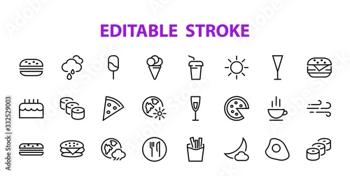   A simple set of fast food icons related to the vector line. Contains icons such as pizza, burger, sushi, bike, scrambled eggs and more. EDITABLE stroke. 480x480 pixels perfect, EPS 10