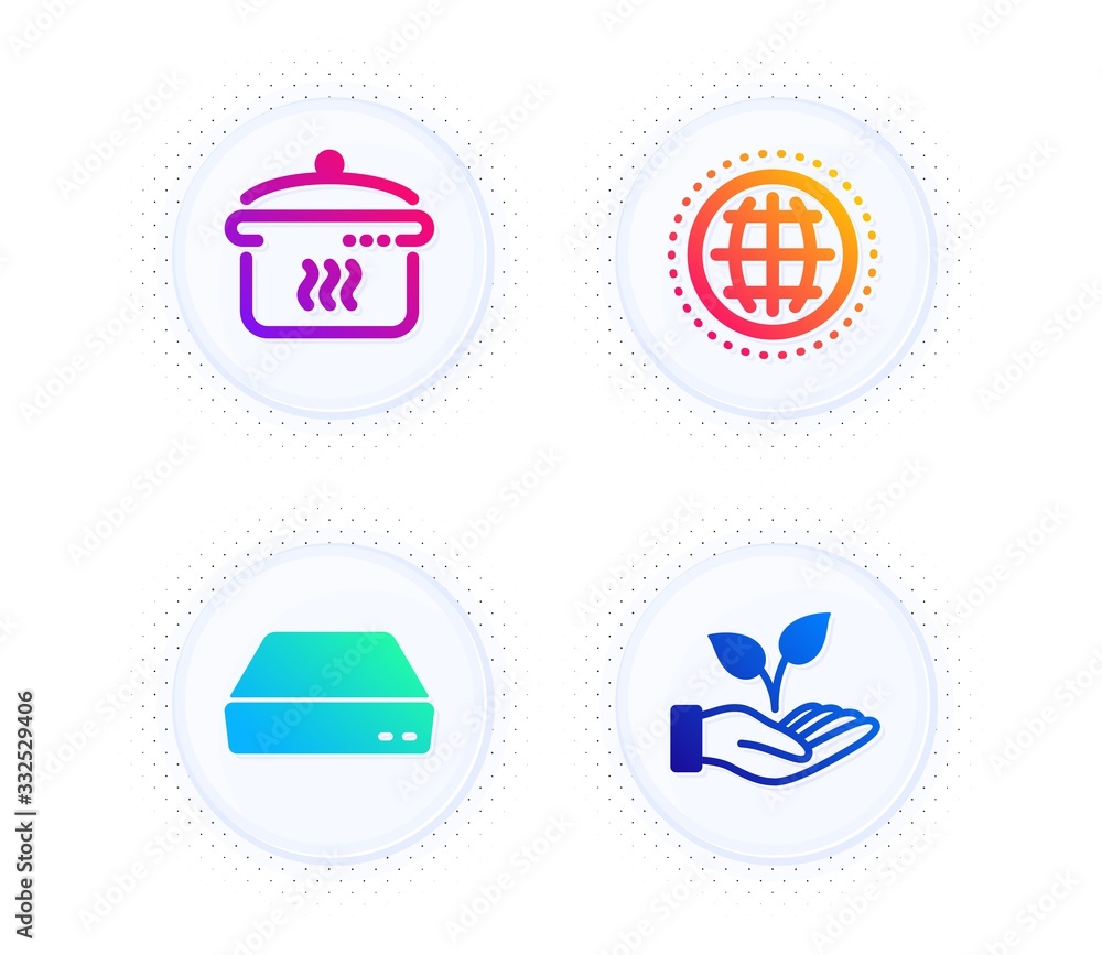 Globe, Boiling pan and Mini pc icons simple set. Button with halftone dots. Helping hand sign. Internet world, Cooking utensil, Computer. Startup palm. Business set. Gradient flat globe icon. Vector