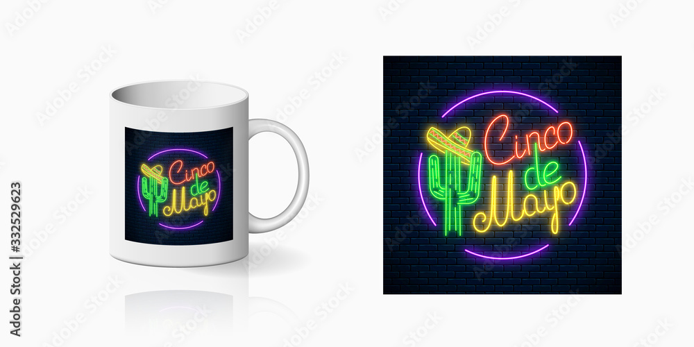 Neon summer print of sinco de mayo holiday sign for cup design. Mexican festival design on mug mockup. Neon summer print of sinco de mayo holiday sign for cup design. Mexican festival design on mug mockup.