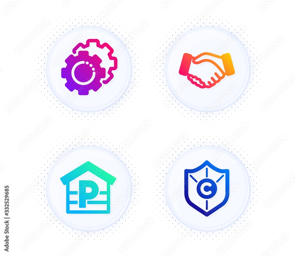Handshake, Settings gears and Parking icons simple set. Button with halftone dots. Copyright protection sign. Deal hand, Technology process, Garage. Shield. Business set. Vector Handshake, Settings gears and Parking icons simple set. Button with halftone dots. Copyright protection sign. Deal hand, Technology process, Garage. Shield. Business set. Vector