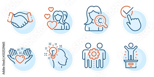 Handshake, Couple and Idea signs. Hold heart, Collagen skin and Winner podium line icons set. Employees teamwork, Checkbox symbols. Friendship, Skin care. People set. Outline icons set. Vector