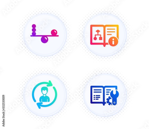 Human resources, Technical algorithm and Balance icons simple set. Button with halftone dots. Engineering documentation sign. Update profile, Project doc, Concentration. Manual. Business set. Vector