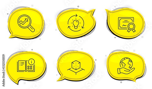 Idea sign. Diploma certificate, save planet chat bubbles. Augmented reality, Analytics and Instruction info line icons set. Virtual reality, Audit analysis, Project. Lightbulb. Science set. Vector