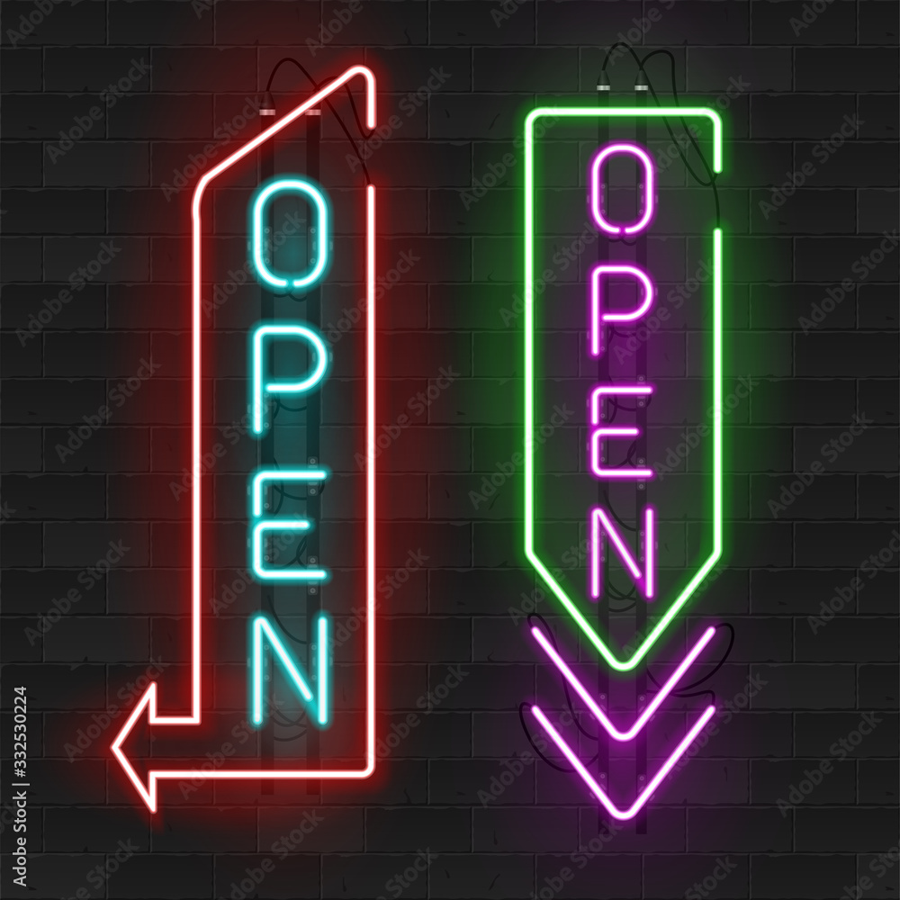 Realistic glowing neon signs on a brick wall. Bar signboard concept. Retro element for web design. Vector 3D illustration