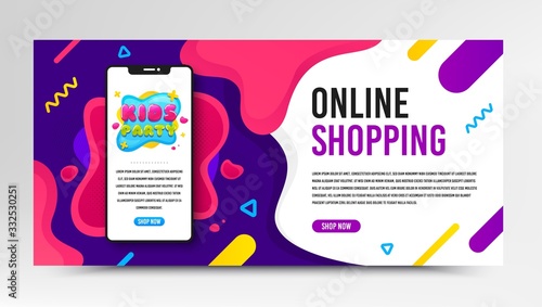 Kids party icon. Phone screen mockup fluid banner. Fun playing zone banner. Children games party area icon. Social media banner with smartphone screen. Shopping mockup web template. Vector