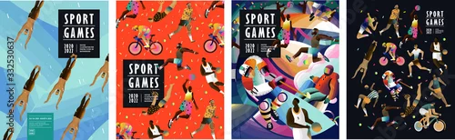 Obraz Sport games! Vector illustrations of athletes, swimmers, hockey player, jumper, runner, volleyball, basketball player, soccer player, cyclist, tennis player for poster, banner or cover design.