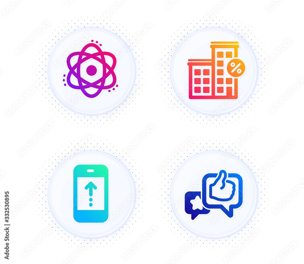 Loan house, Swipe up and Atom icons simple set. Button with halftone dots. Like sign. Discount percent, Scrolling screen, Electron. Star rating. Technology set. Gradient flat loan house icon. Vector