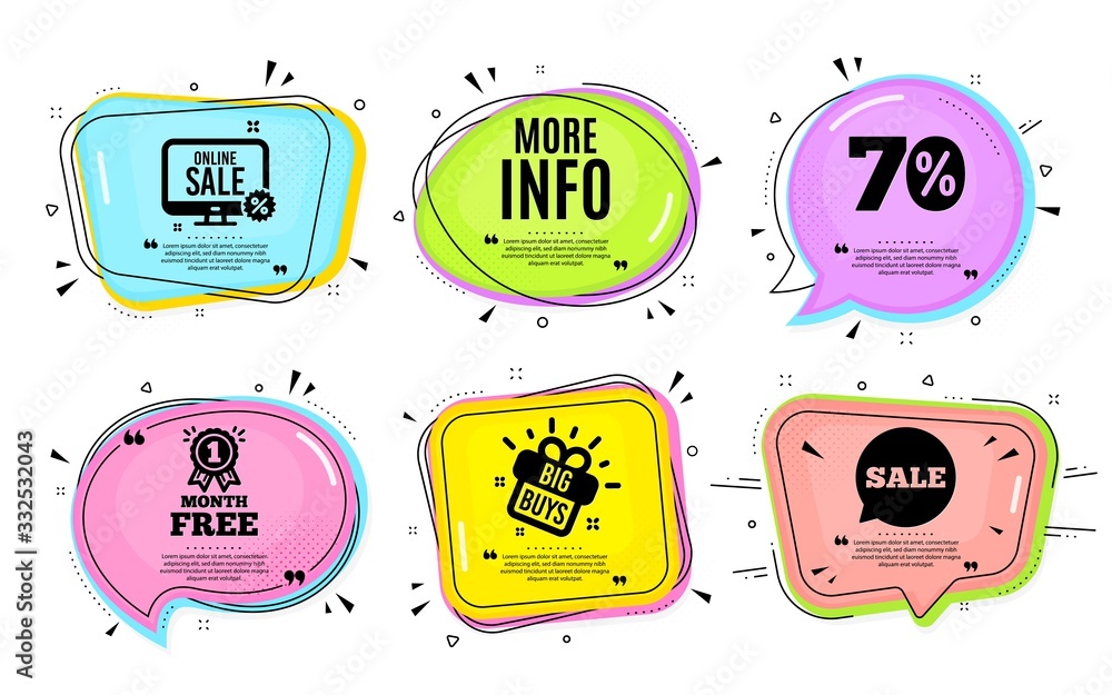 More info symbol. Big buys, online shopping. Navigation sign. Read description. Quotation bubble. Banner badge, texting quote boxes. More info text. Coupon offer. Vector - obrazy, fototapety, plakaty 