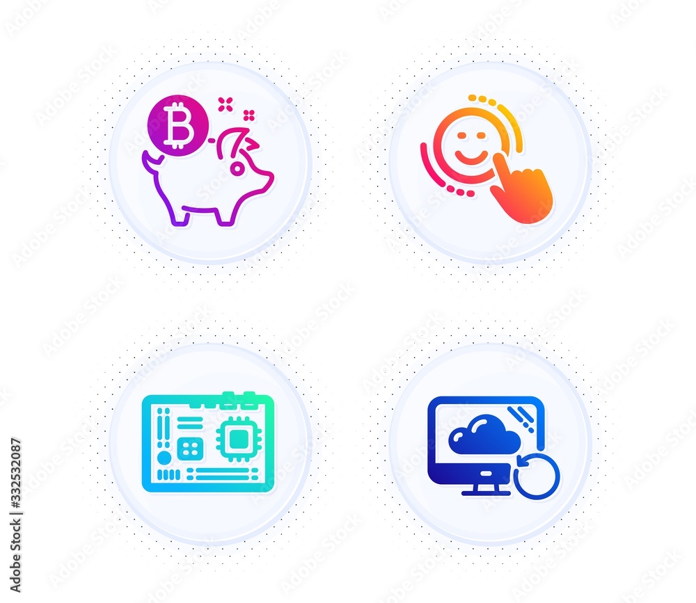 Motherboard, Bitcoin coin and Smile icons simple set. Button with halftone dots. Recovery cloud sign. Computer component, Piggy bank, Positive feedback. Backup info. Technology set. Vector Motherboard, Bitcoin coin and Smile icons simple set. Button with halftone dots. Recovery cloud sign. Computer component, Piggy bank, Positive feedback. Backup info. Technology set. Vector