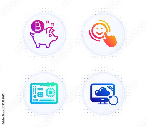 Motherboard, Bitcoin coin and Smile icons simple set. Button with halftone dots. Recovery cloud sign. Computer component, Piggy bank, Positive feedback. Backup info. Technology set. Vector