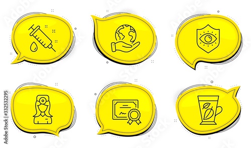 Oculist doctor sign. Diploma certificate, save planet chat bubbles. Medical syringe, Eye protection and Mint leaves line icons set. Vaccination, Optometry, Mentha leaf. Optometrist. Vector