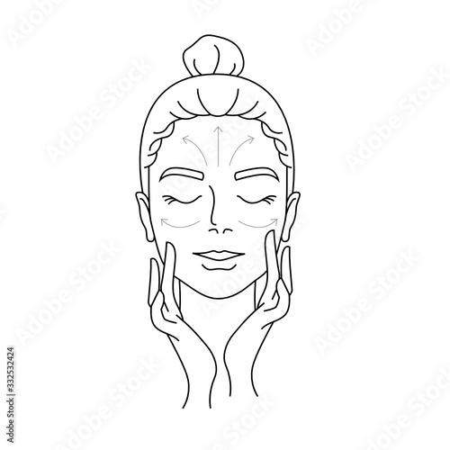 Instruction how to apply cream. Massage lines.  Line art. Beauty industry. Skin care. Black outline icon set isolated on white background. 