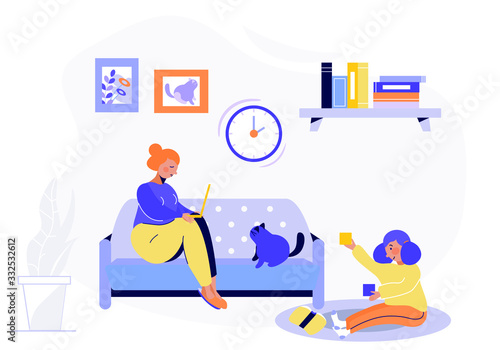 Female freelance worker with child at workplace. 
The child is busy with the nanny while mom is working. Flat cartoon vector illustration. 
