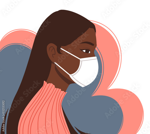 Dark skinned woman wearing disposable medical face mask to protect against toxic air, stop spread of virus, help prevent hand-to-mouth transmissions. COVID-19 quarantine. Flat vector Illustration