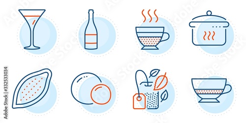 Peas, Martini glass and Champagne bottle signs. Cafe creme, Bombon coffee and Mint bag line icons set. Boiling pan, Cocoa nut symbols. Hot coffee, Cafe bombon. Food and drink set. Vector