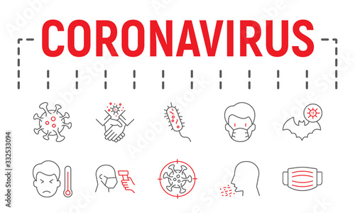 Coronavirus thin line icon set, illness symbols collection, vector sketches, logo illustrations, covid 19 icons, epidemic signs linear pictograms package isolated on white background.
