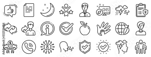Privacy Policy, Social Responsibility, Breath icons. Check mark, Sharing economy and Mindfulness stress, Breath people line icons. Bad weather, Tick check mark, sharing refer, stress. Vector