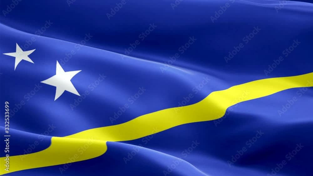 Curacao island flag Motion Loop video waving in wind. Realistic Curaçao Flag background. Curacao island Flag Looping Closeup 1080p Full HD 1920X1080 footage. Curacao Caribbean island flags footage vid