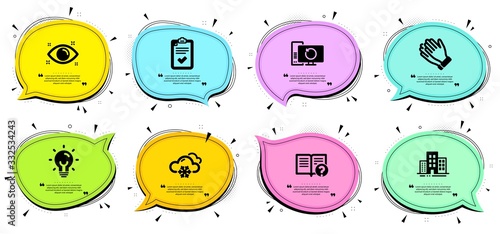 Recovery computer, Energy and Help signs. Chat bubbles with quotes. Health eye, Snow weather and Checklist line icons set. Clapping hands, Buildings symbols. Optometry, Snowflake. Business set. Vector