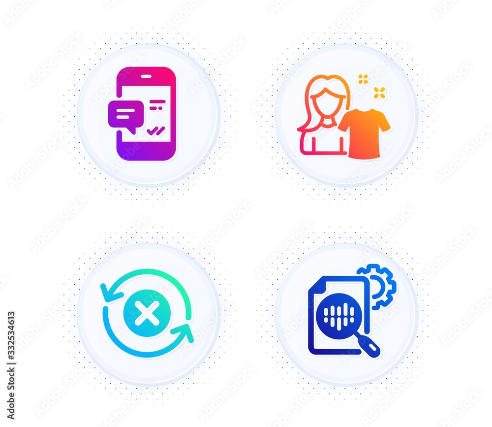 Reject refresh, Clean shirt and Smartphone notification icons simple set. Button with halftone dots. Seo stats sign. Update rejection, Laundry t-shirt, Chat message. Cogwheel. Business set. Vector